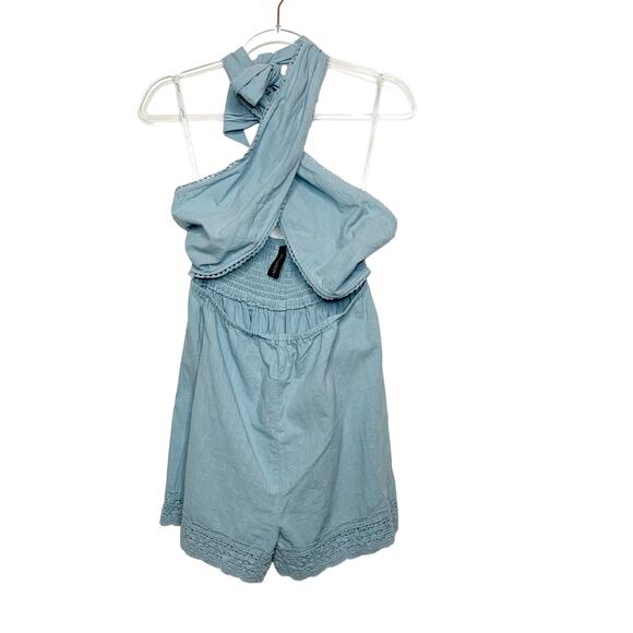MINKPINK Cross Wrap Tie Backless Halter Romper Linen Blend Chambray Blue Size S - Picture 1 of 6